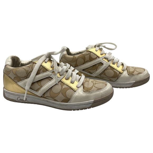 Coach Nova Signature C Monogram Canvas Leather Sneakers Shoes Khaki Gold Sz 7.5M - Picture 4 of 8